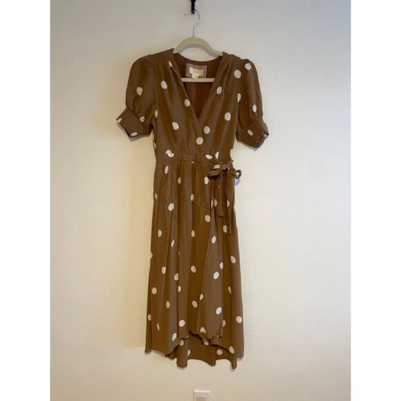 Maeve Anthropologie Bernice Brown Polka Dot Wrap Dress Midi Length HAS POCKETS!! - Picture 3 of 6